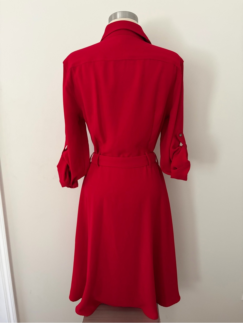 LRL Crimson Red Button-Front Midi Georgette Shirt Dress Tie Waist 6 Quiet Luxury - Picture 5 of 8